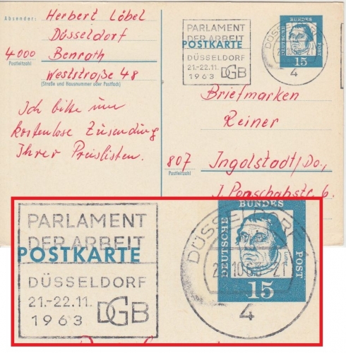 BRD - Düsseldorf 1963 "Parlament der Arbeit DGB" Masch.werbestempel a. Ganzsache