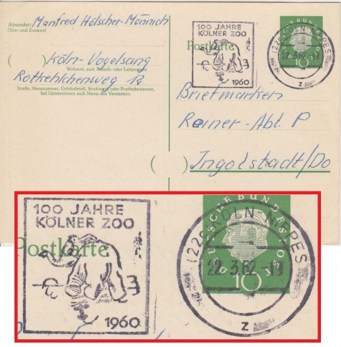 BRD - Köln-Nippes 1962 "100 Jahre Kölner Zoo" Masch.werbestempel Ganzsache