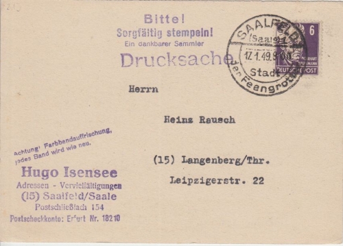 SBZ - Saalfeld (Saale) "Stadt der Feengrotten" Handwerbestpl. Drucksache 1949