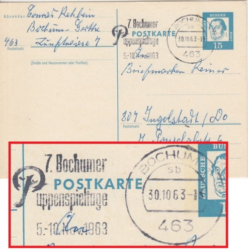BRD - Bochum 1963 "7. Bochumer Puppenspieltage" Masch.werbestempel Ganzsache