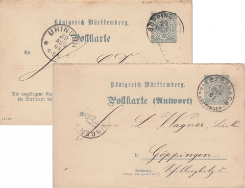 Württemberg - 2 Pfg Ziffer GA Doppelkarte Oberamtsverkehr beide Teile gebr. 1901