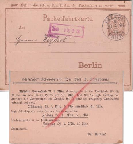DR - Privatpost Berlin Packetfahrt 2 Pfg Ganzsache Stern'scher Gesangverein 1894