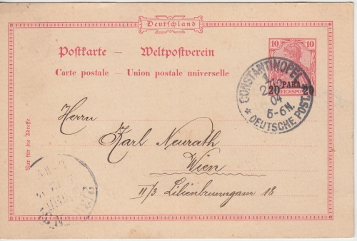 DP Türkei - 20 Pa./10 Pfg. Germania Ganzsache n. ÖSTERREICH Smyrna - Wien 1908