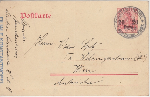 DP Türkei - 20 Pa./10 Pfg. Germania Ganzsache n. ÖSTERREICH Constantinopel 1909
