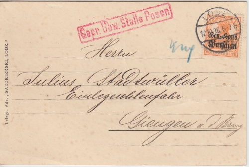 DP Polen - 7 1/2 Pfg. Germania Firmenkarte Lodz - Giengen a/B. 1916 Zensur Posen