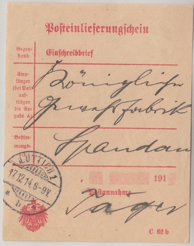 LP Belgien - Lüttich 1 - 17.12.14 Posteinlieferungsschein f. R-Brief n. Spandau