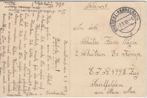 DR - Bregenz-Kennelbach 3.9.39 Feldpostkarte n. Saalfelden