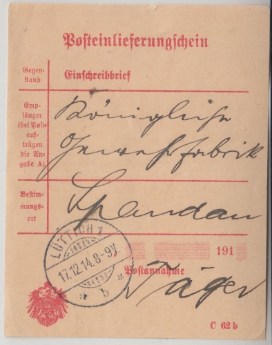 LP Belgien - Lüttich 1 Posteinlieferungsschein f. R-Brief n. Spandau 1914