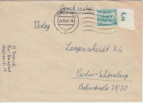 Berlin - 7 Pfg. Bauten Oberrand Drucksache Ortsbrief SW11 1955