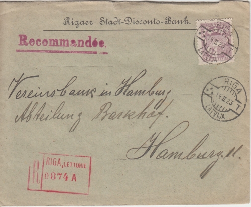 Lettland - 20 R. Wappen Einschreibebrief Riga - Hamburg 14.2.23