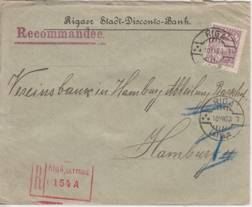 Lettland - 40 S. Wappen Einschreibebrief Riga - Hamburg 10.7.23