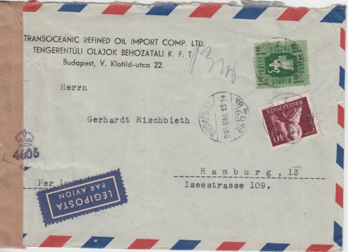 Ungarn - 1,40 Ft. Freimarke ua. Luftpostbrief Budapest Hamburg 1948 brit. Zensur