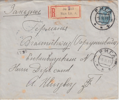Russland/Lettland - 20 Kop. Ganzsache Einschreibebrief Riga - Braunschweig 1911