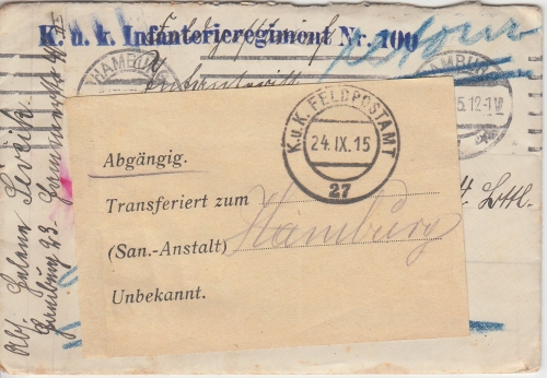 DR - Hamburg 1915 Feldpostbrief n. ÖSTERREICH (FpA 27) Nachsende-/Retourzettel