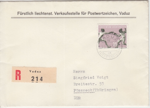 Liechtenstein - 30 Rp. Fechten Einschreibebrief Vaduz - Pössneck 1958