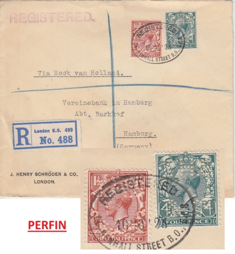 Großbritannien - 4+1 1/2 P. George V. Perfin JHS&Co Einschreibebrief London 1923