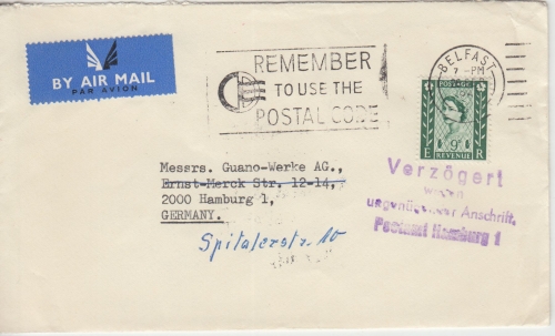 Großbritannien/Nordirland - 9 P. Elizabeth Luftpostbrief Belfast - Hamburg 1967