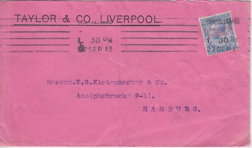 Großbritannien - 2 1/2 P. George V. Perfin T%Co Brief Liverpool - Hamburg 1913