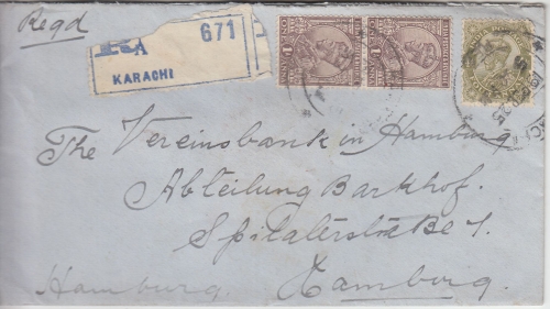 Indien/Pakistan - 4+2x1 A. König Georg V. Einschreibebrief Karachi Hamburg 1925