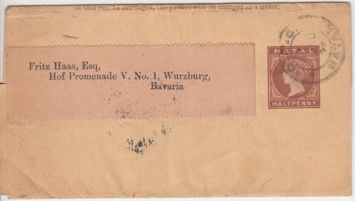 Natal - 1/2 P. Victoria Ganzsache Streifband + Zusatz Durban Wimleton 1895