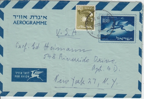 Israel - 180 Pr. Aerogramme Ganzsache+Zusatz n. USA Hasorea - New York 1959