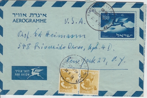 Israel - 180 Pr. Aerogramme Ganzsache+Zusatz n. USA Hasorea - New York 30.9.59