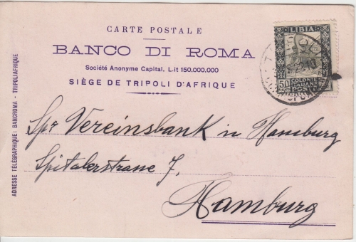 Ital. Lybien - 50 C. Trreme Firmenkarte Tripolis - Hamburg 1922