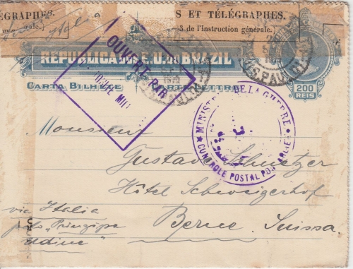 Brasilien - 200 R. Ganzsache Kartenbrief i.d. SCHWEIZ S. Paulo Bern 1915 Zensur