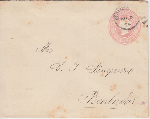 Barbados - 1 P. Victoria Ganzsache Ortsbrief 1894
