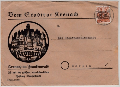 Bizone - 24 Pfg. Arbeiter/Band, illustr. Werbeumschlag Kronach - Berlin 1948