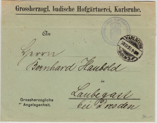 DR - Karlsruhe 1897, Grossh. Angelegenheit Hofgärtnerei Brief n. Laubegast