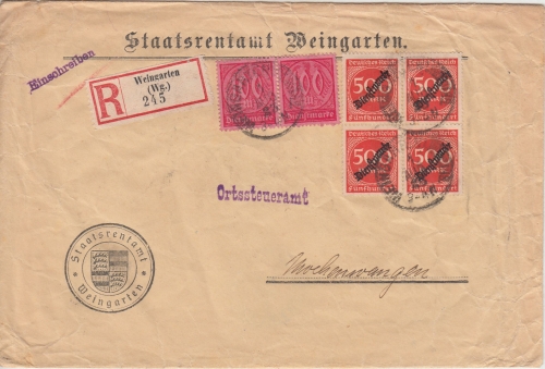 DR-Infla - 4x500 M. Ziffer/Überdruck u.a. Einschreibebrief Weingarten 1923