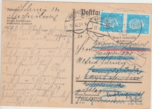 DR - 2x4 Pfg. Hindenburg Karte n. ÖSTERREICH Großröhrsdorf - Mayrhofen 1931