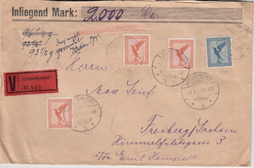DR - 3x50+20 Pfg. Adler/Sockel Wertbrief Großröhrsdorf - Freiberg 1927