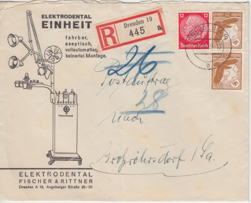 DR - 25 Pfg. Adler Brief u.a. illustr. Postauftrag/Einschreibebrief Dresden 1939