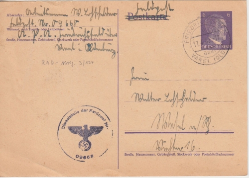 DR - Friedrichsfeld ü. Varel 1942 Poststelle I Feldpostkarte n. Wesel