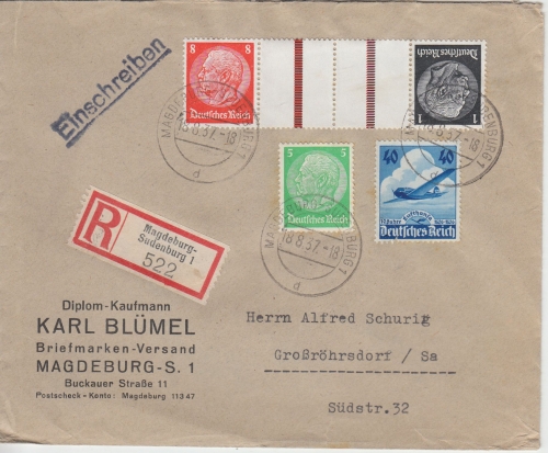 DR - 8+1 Pfg. Hindenburg Zusammendruck u.a. Einschreibebrief Magdeburg 1937