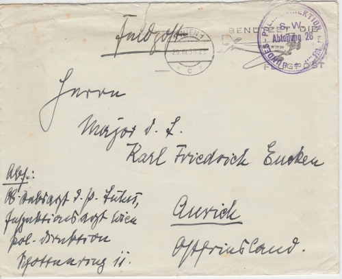 Österreich - Wien 29.3.38 Feldpostbrief Bundes-Polizeidirektion n. Aurich