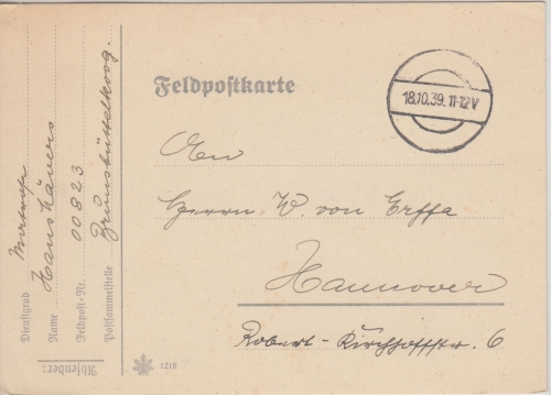 DR - Brunsbüttelkoog 1939 Feldpostkarte (Vordruck) n. Hannover