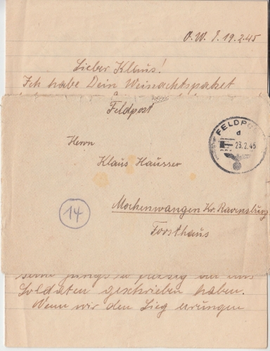 DR - Fp.Nr. 37262 (Vet.Kp.715, 715. ID) Feldpostbrief n. Mochenwangen 23.2.45
