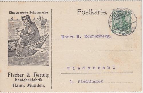 DR - Hann. Münden 1911 Werbekarte Fischer&Hertwig; Kautabak n. Wiedensohl