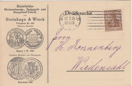 DR - Bielefeld 1915 Werbekarte Essig & Senf Steinhage & Wieck n. Wiedensohl