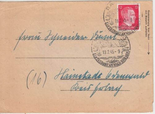 DR - 12 Pfg. AH Brief Handwerbestempel Ratzeburg 19.2.45 n. Hainstadt