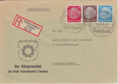 DR - Friedrichsdorf (Taunus) Zwieback 1940 Handwerbestempel Einschreibebrief