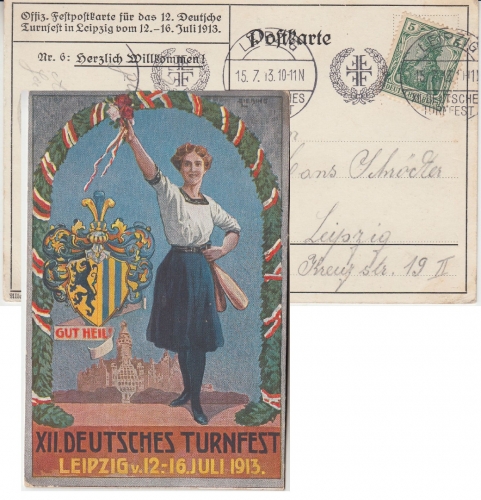 DR - Leipzig 1913 XII. Deutsches Turnfest farb. Sonderkarte m. Masch.-SST