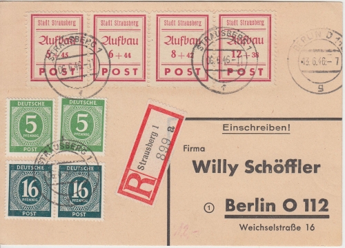 SBZ/Lokalausgaben - Strausberg Wiederaufbau Satz u.a. Einschreibekarte 1946