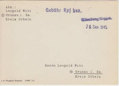 All.Bes. - Altenberg 29. SEP 1945 Gebühr bezahlt Setzkasten-Stpl. Karte n Grunau