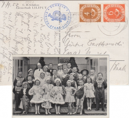 BRD - 4+6 Pfg. Posthorn Zusammendruck AK Circus-Stadt Liliput Regensburg 1952