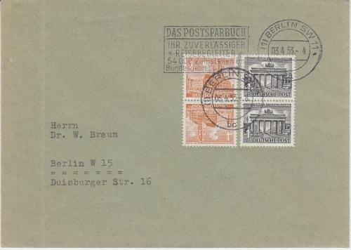 Berlin - 1+4 Pfg. Bauten Zusammendrucke Ortsbrief Berlin 1953