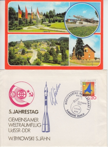 DDR - Sigmund Jähn Raumfahrt 2 Original-Unterschriften Schmuckbrief+AK 1983/84